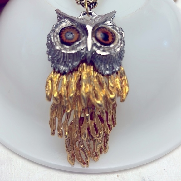 Vintage Hinged Owl necklace with glass eyes 24” chain - Picture 1 of 6